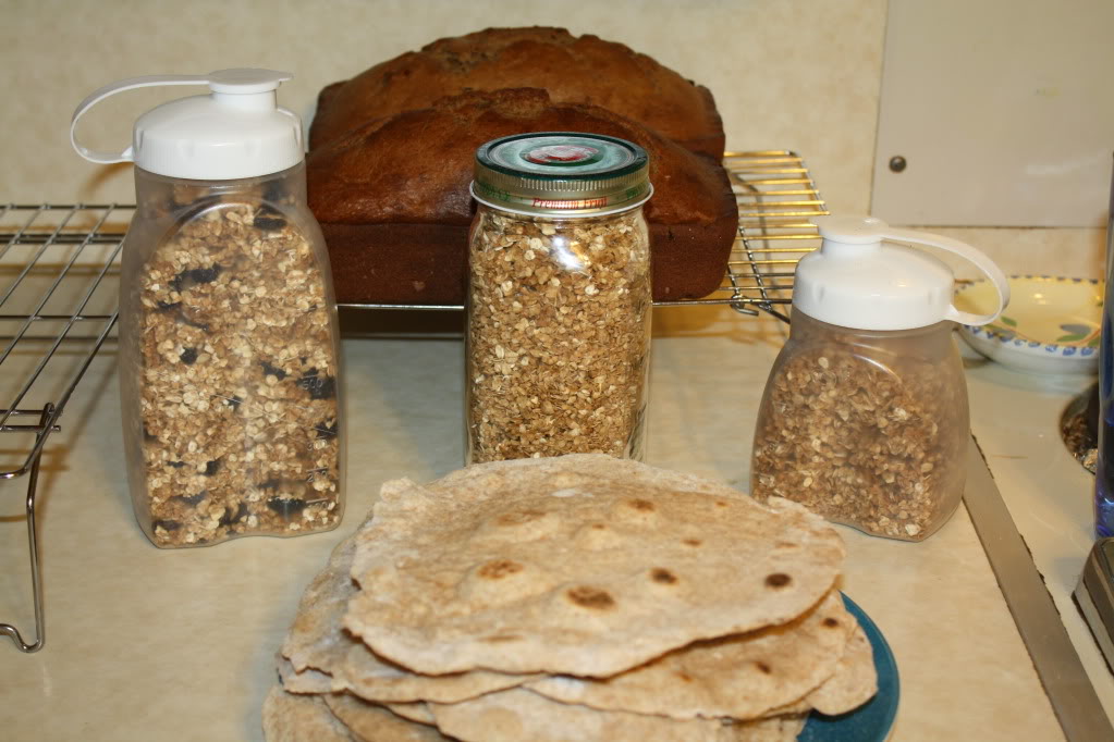 Whole-wheat tortillas, 2 pans of Granola, and 2 loaves of Banana-Raisin bread