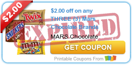$2.00 off on any THREE (3) Mars Chocolate Brands