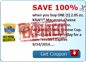 SAVE 100% when you buy ONE (1) 2.05 oz. KRAFT® Macaroni & Cheese Dinner Cup OR 2.39 oz. Velveeta® Shells & Cheese Cup. Check back every Friday for a new Freebie!.Expires 9/14/2014.Save 100%.